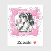 Schattig Meisje & Roze Bubbel, Strips Gek, Strips  Sticker (Vel)