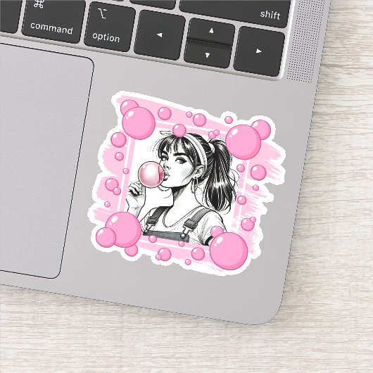 Schattig Meisje & Roze Bubbel, Strips Gek, Strips  Sticker (Detail)