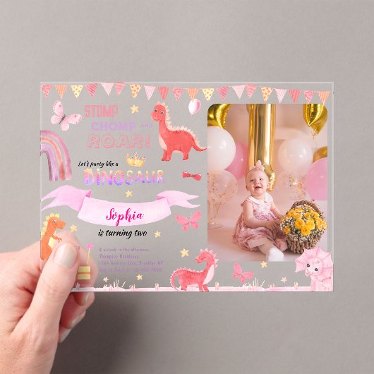 Schattig Meisje Roze Dino Dinosaur Foto Kinderen V Acryl Uitnodigingen (Insitu (Draagbaar))