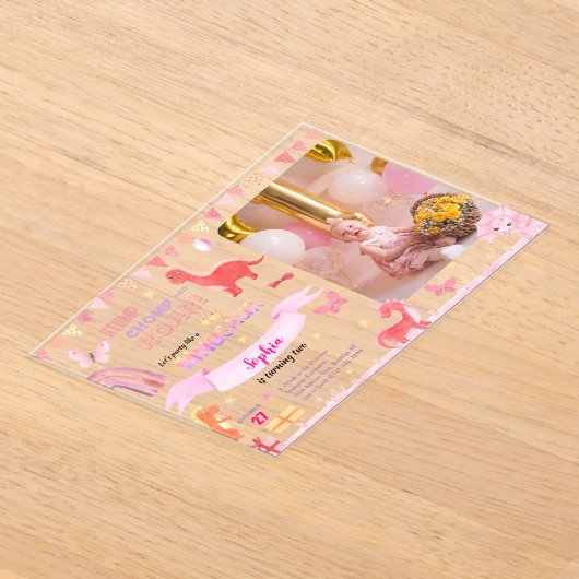 Schattig Meisje Roze Dino Dinosaur Foto Kinderen V Acryl Uitnodigingen (Laagn)