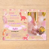 Schattig Meisje Roze Dino Dinosaur Foto Kinderen V Acryl Uitnodigingen (Voorkant)