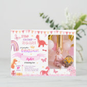 Schattig Meisje Roze Dino Dinosaur Foto Kinderen V Kaart (Staand voorkant)