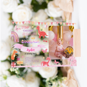 Schattig meisje roze dino dinosaurus foto kinderve acryl uitnodigingen