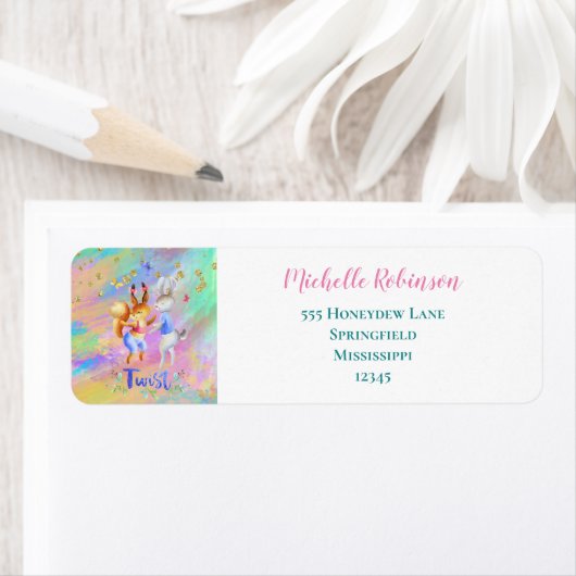 Schattig meisje roze Paarse blauw bos dieren parti Etiket (Insitu)