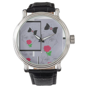 schattig meisje, roze roos, zwart lintje horloge