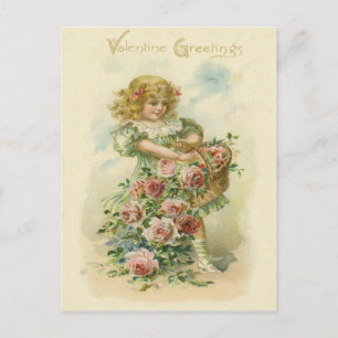Schattig Meisje Roze Rozen Briefkaart