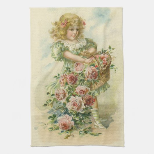 Schattig Meisje Roze Rozen Theedoek (Verticaal)