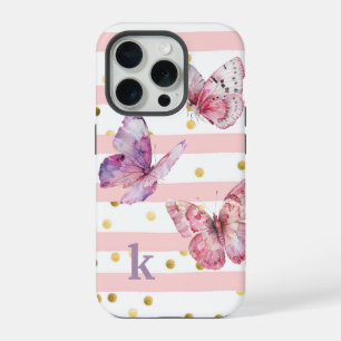 Schattig Meisje Roze Strepen Stippen en Vlinders iPhone 15 Pro Case