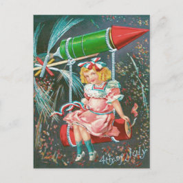 Schattig meisje slingerende flesraket vuurwerk briefkaart