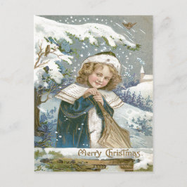 Schattig Meisje Sneeuw Boom Kerk Briefkaart