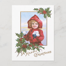 Schattig Meisje Sneeuwballen Hulst Briefkaart