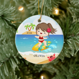 Schattig Meisje Surfer Gepersonaliseerde Kerstmis Keramisch Ornament