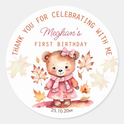 Schattig meisje teddybeer herfst verjaardag dank u ronde sticker (Voorkant)