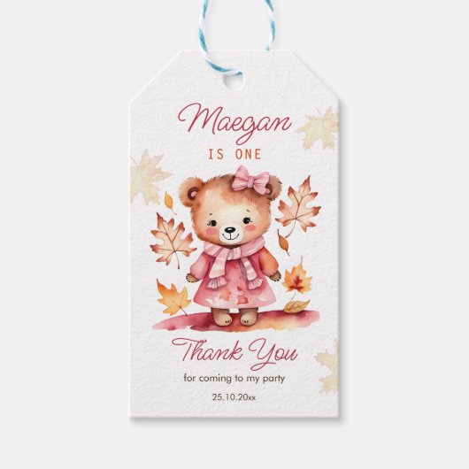 Schattig meisje teddybeer in een roze jas dank u cadeaulabel (Voorkant)