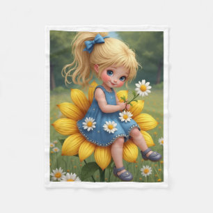Schattig meisje zittend op zonnebloem fleece babyd deken