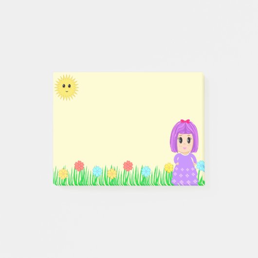 Schattig meisje, zon, bloemen en gras post-it® notes (Voorkant)