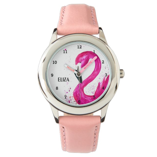 Schattig Meisjes Roze Flamingo Tropische Vogel Kin Horloge (Voorkant)