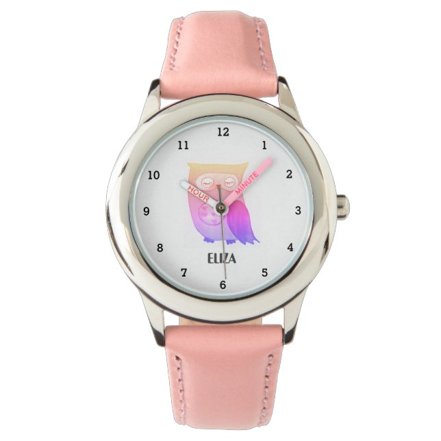 Schattig Meisjes Roze Uil Vogel Dieren Kinder Bloe Horloge (Voorkant)
