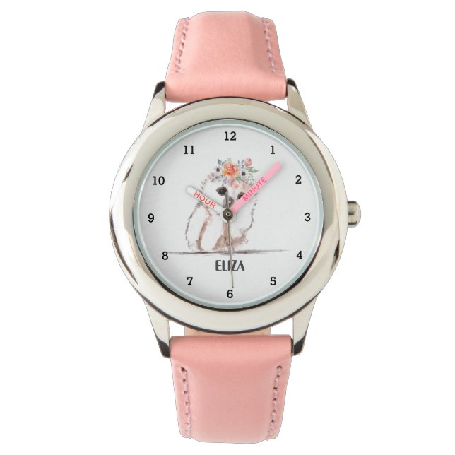 Schattig Meisjes Roze Uil Vogel Dieren Kinder Bloe Horloge (Voorkant)