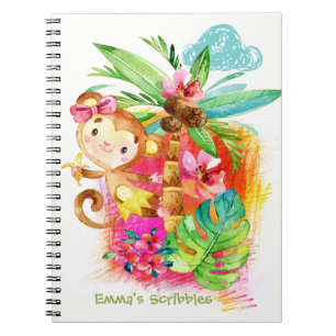 Schattig meisjesaapje klimt in boom notitieboek