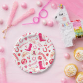 Schattig meisjesachtig roze rood disco cowgirl met papieren bordje (Feest)