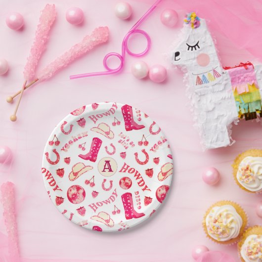 Schattig meisjesachtig roze rood disco cowgirl met papieren bordje (Feest)