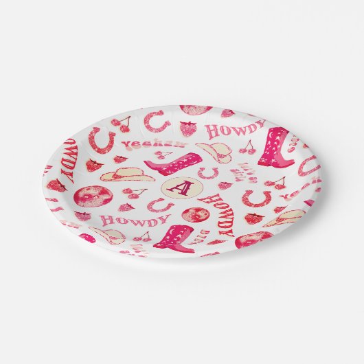 Schattig meisjesachtig roze rood disco cowgirl met papieren bordje (Gekanteld)