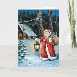 Schattig meisjeslantaarn Hulst Winterhuisje Feestdagen Kaart