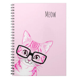 Schattig met de hand getekend Nerdy Cat Art roze n Notitieboek