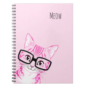 Schattig met de hand getekend Nerdy Cat Art roze n Notitieboek