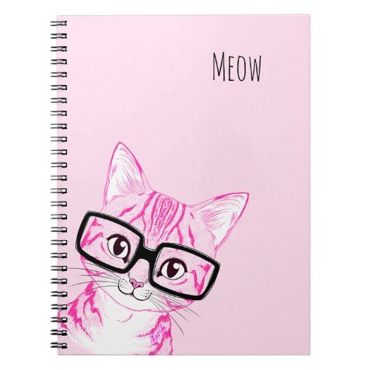 Schattig met de hand getekend Nerdy Cat Art roze n Notitieboek (Voorkant)
