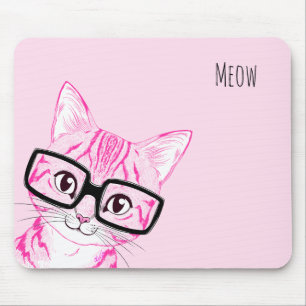 Schattig met de hand getekende nerdy Cat Art roze  Muismat