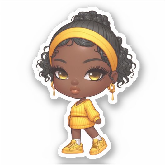 schattig mini zwart chibi meisje sticker (Voorkant)