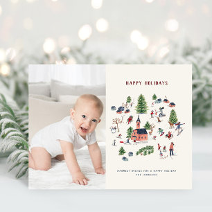 Schattig minimalistisch Noords dorps Kerstfoto Feestdagenkaart