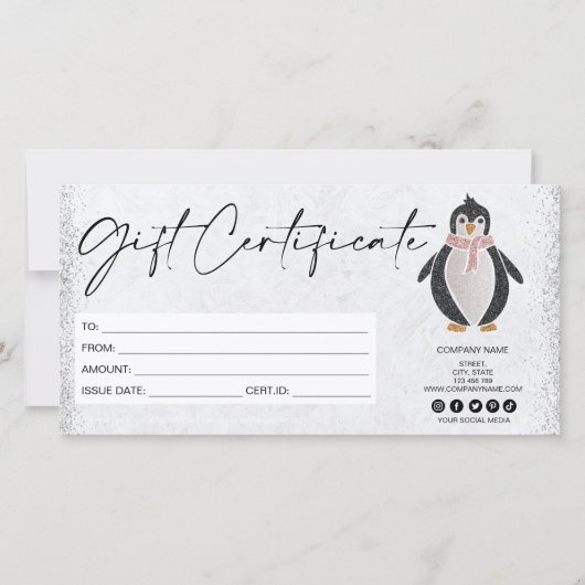 schattig modern glitter pinguïn cadeaubon (Voorkant)