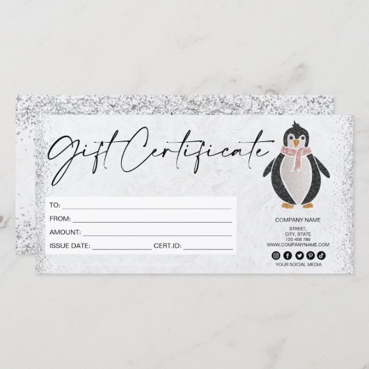 schattig modern glitter pinguïn cadeaubon (Voorkant / Achterkant)