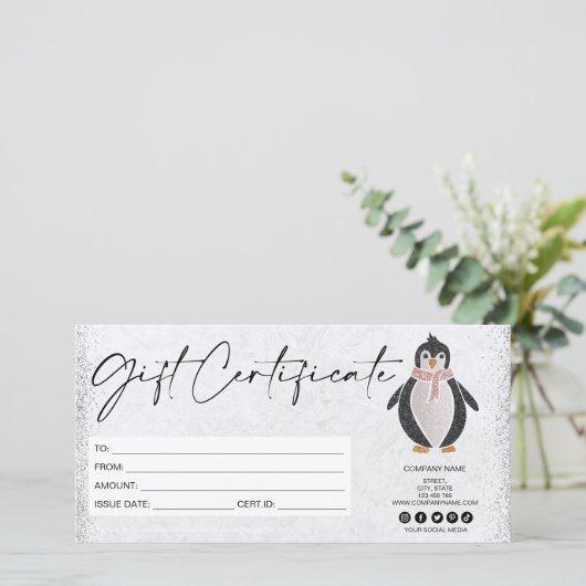schattig modern glitter pinguïn cadeaubon (Staand voorkant)