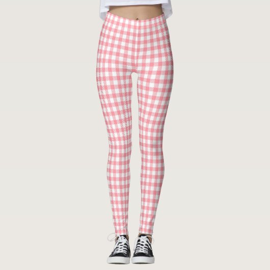 Schattig Modern Meisje Wit Roze Gingham Plaid Leggings (Voorkant)