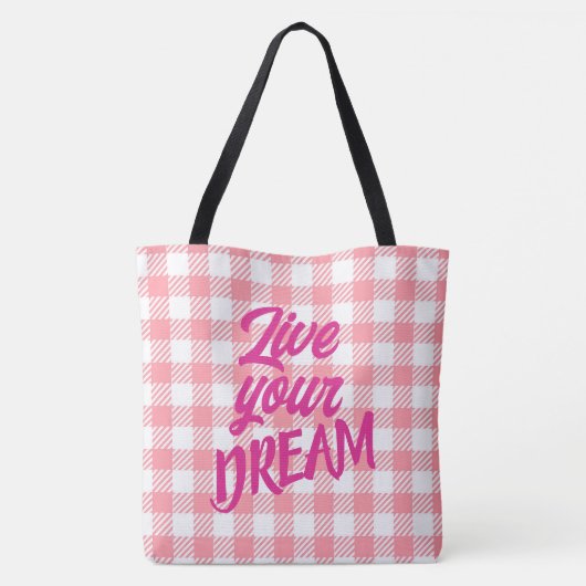Schattig Modern Meisje Wit Roze Gingham Plaid Tote Bag (Achterkant)