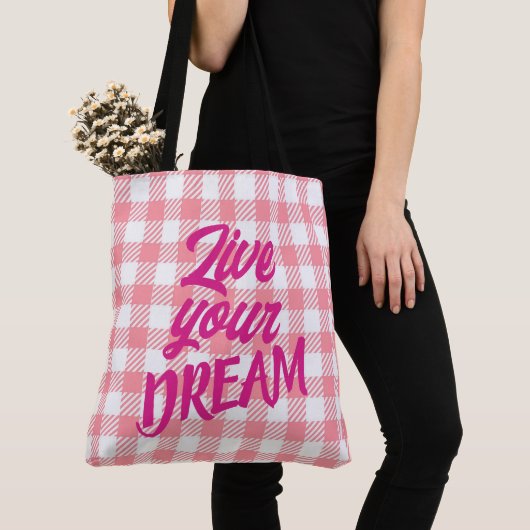 Schattig Modern Meisje Wit Roze Gingham Plaid Tote Bag (Dichtbij)