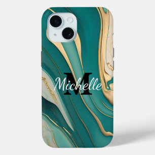 Schattig Monogram Aqua Goud Vloeibare Kunst Marmer iPhone 15 Case