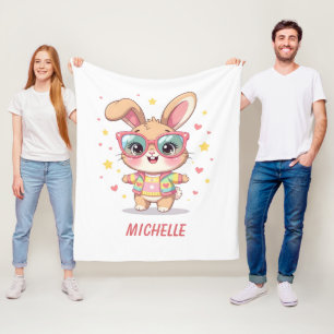 Schattig monogram meisjes konijn met bril fleece deken