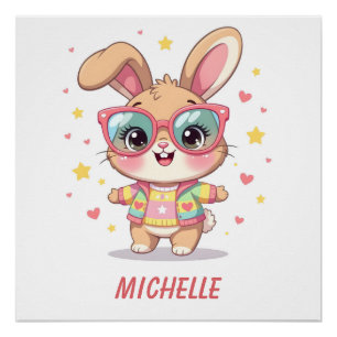 Schattig monogram meisjes konijn met bril perfect poster