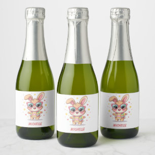 Schattig monogram meisjesachtig konijn met bril sparkling wijnetiket