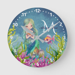 Schattig monogram naam waterverf Zeemeermin Ronde Klok