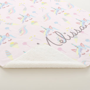 schattig monogram unicorn emoji pastel sherpa deken