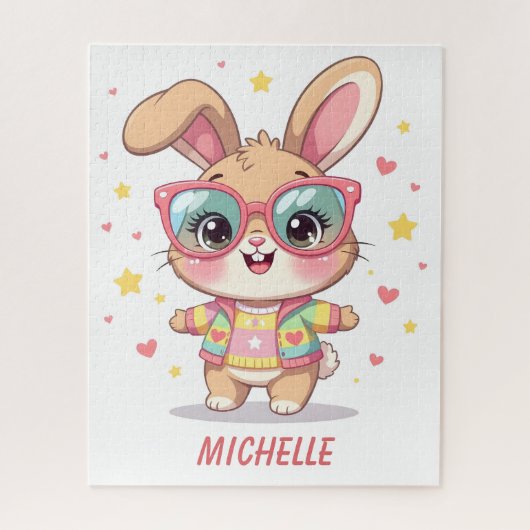 Schattig monogram vrouwelijk konijn met bril legpuzzel (Verticaal)
