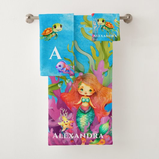 Schattig Monogram Zeemeermin Zee Schildpad Dolfijn Bad Handdoek (Insitu)