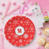 Schattig monogrammen sneeuwvlokpatroon rood schatt papieren bordje (Feest)