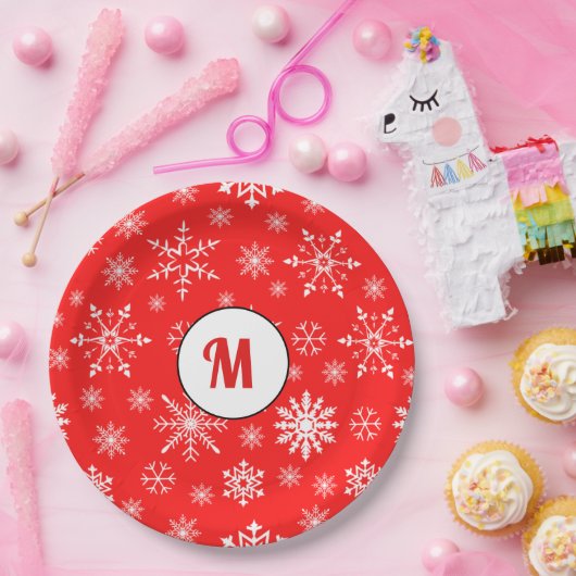 Schattig monogrammen sneeuwvlokpatroon rood schatt papieren bordje (Feest)